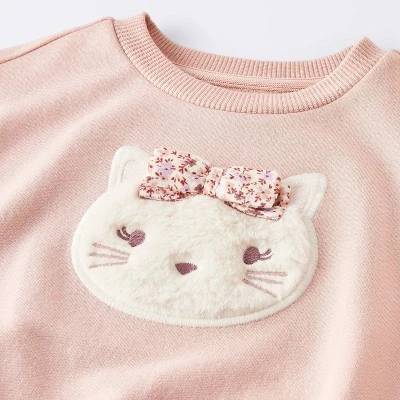 Baby Girls' 2pc Cat Applique Sweatshirt & Bike Shorts Set - Cloud Island™ Pink 2 Baby Girls' 2pc Cat Applique Sweatshirt & Bike Shorts Set - Cloud Island™ Pink - Image 2