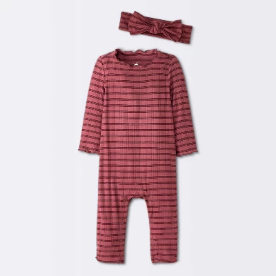 Baby Girls' Jacquard Checkered Romper & Headband - Cloud Island™ Burgundy 4 Baby Girls' Jacquard Checkered Romper & Headband - Cloud Island™ Burgundy - Image 4