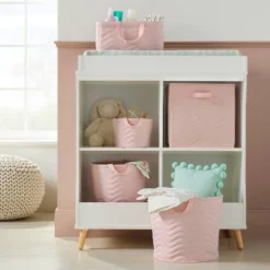 Quilted Fabric Medium Round Storage Basket - Light Pink - Cloud Island™