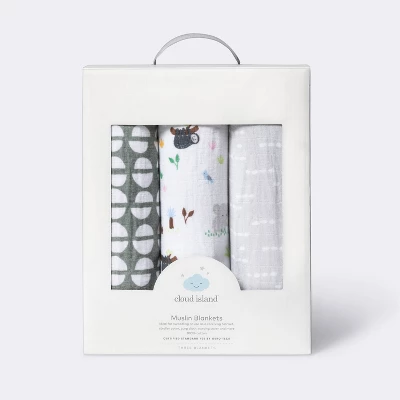 Muslin Swaddle Blankets Jungle - Cloud Island™ Gray 3pk 2 Muslin Swaddle Blankets Jungle - Cloud Island™ Gray 3pk - Image 2